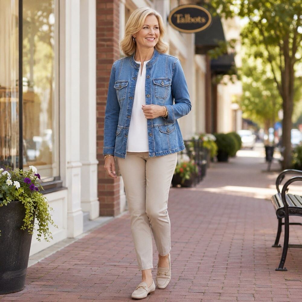 Talbots Denim Jacket Womens Large Blue Jean Jacket Military Utility Stretch L